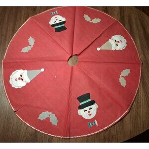 Vintage MCM Felt Christmas Tree Skirt Red w/Gold Zigzag Snowmen Holly 34” Japan